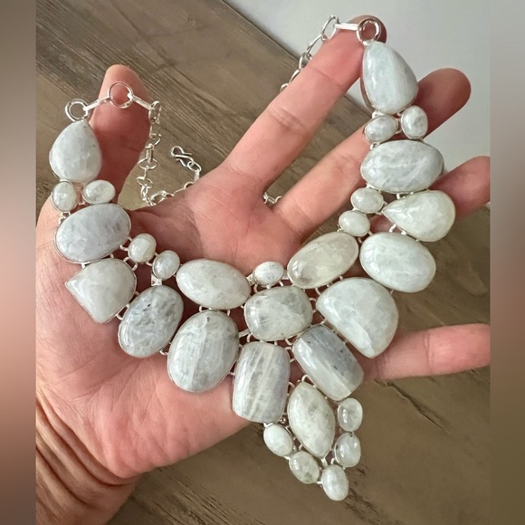 925 MOON GODDESS Rainbow Moonstone Collar Bib Necklace - Picture 5 of 16